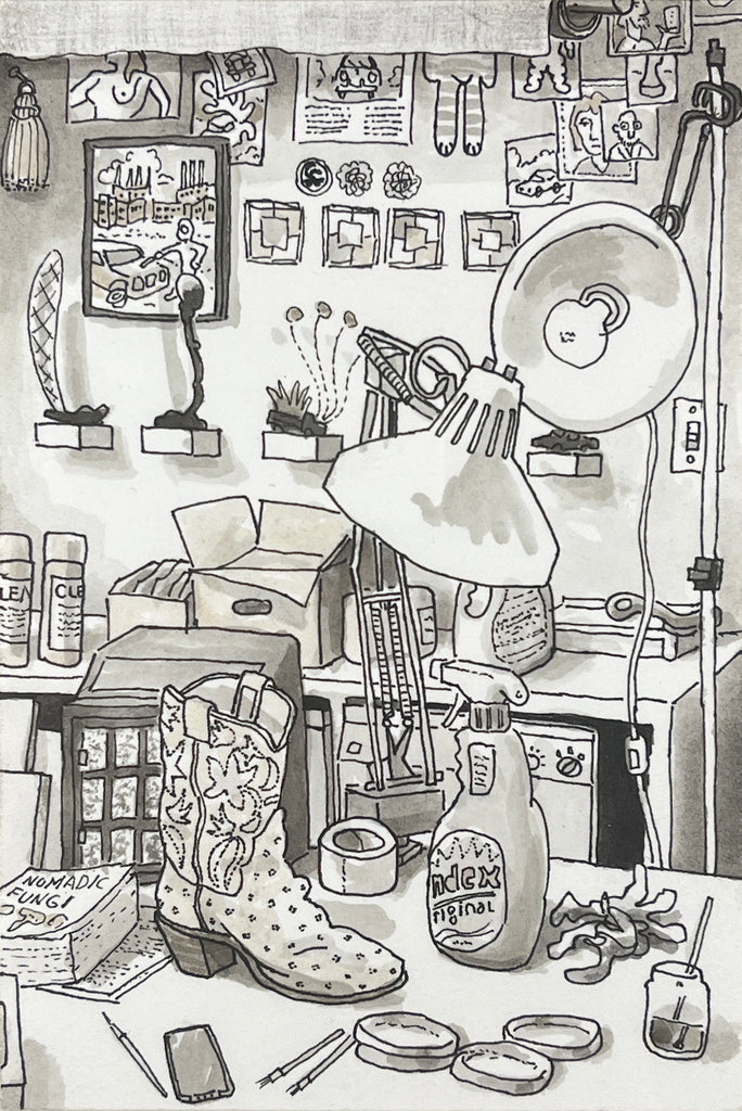 pen and ink drawing cowboy boot and lamp