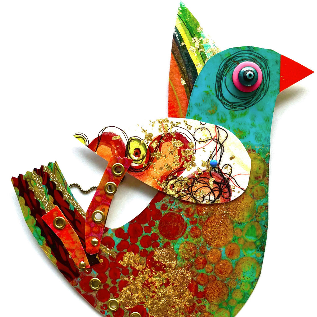Colorful bird-shaped artwork with abstract patterns on a white background