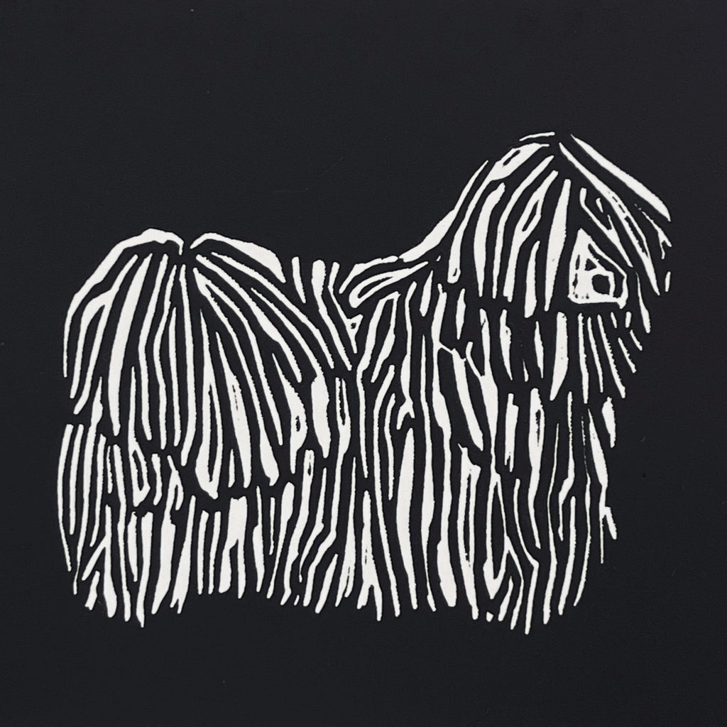 Black and white line drawing of a dog on a black background